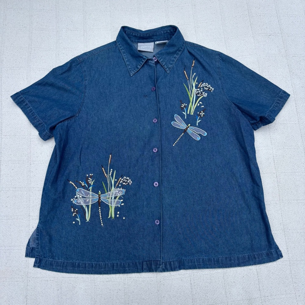 Women's Large BLAIR Chambray Dragonfly Grandmacore Button Down Collared Blouse